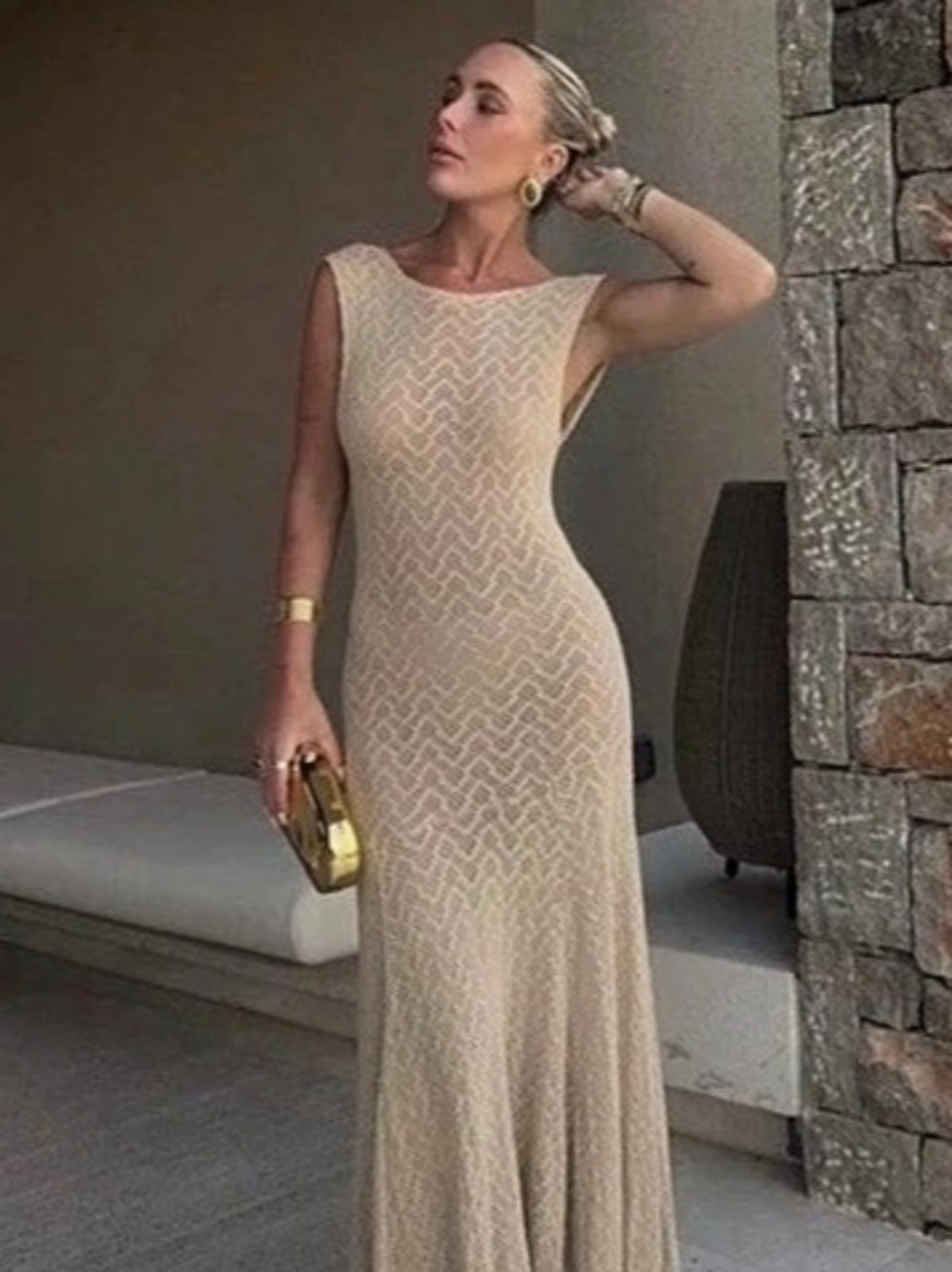 Zara Long Lace Dress Beige Maxi Dress